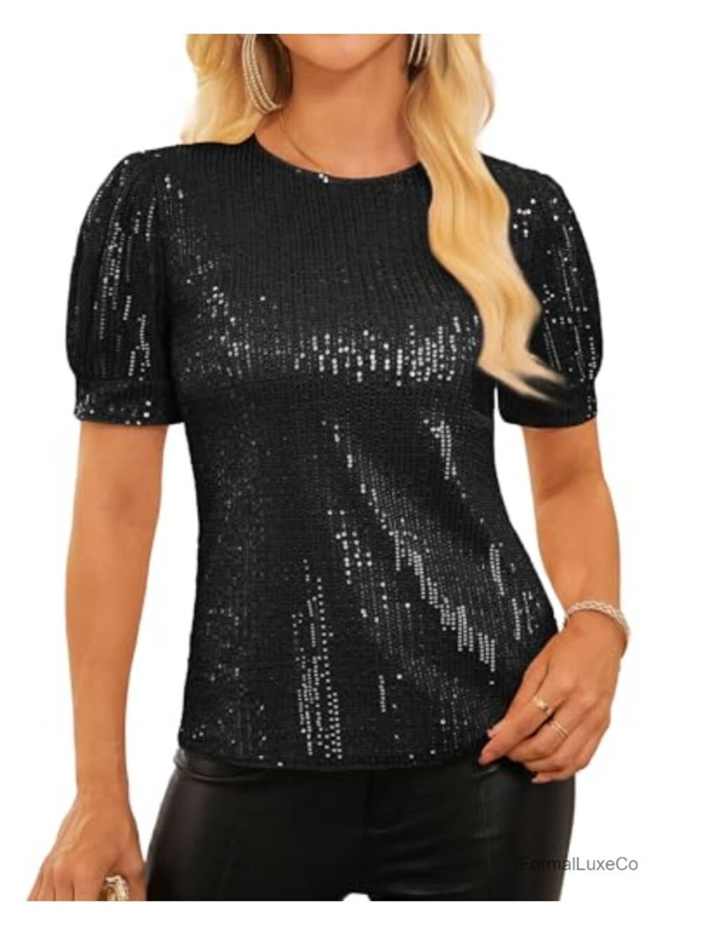 Womens Sequin Sparkle Blouse Lantern Sleeve Party Top
